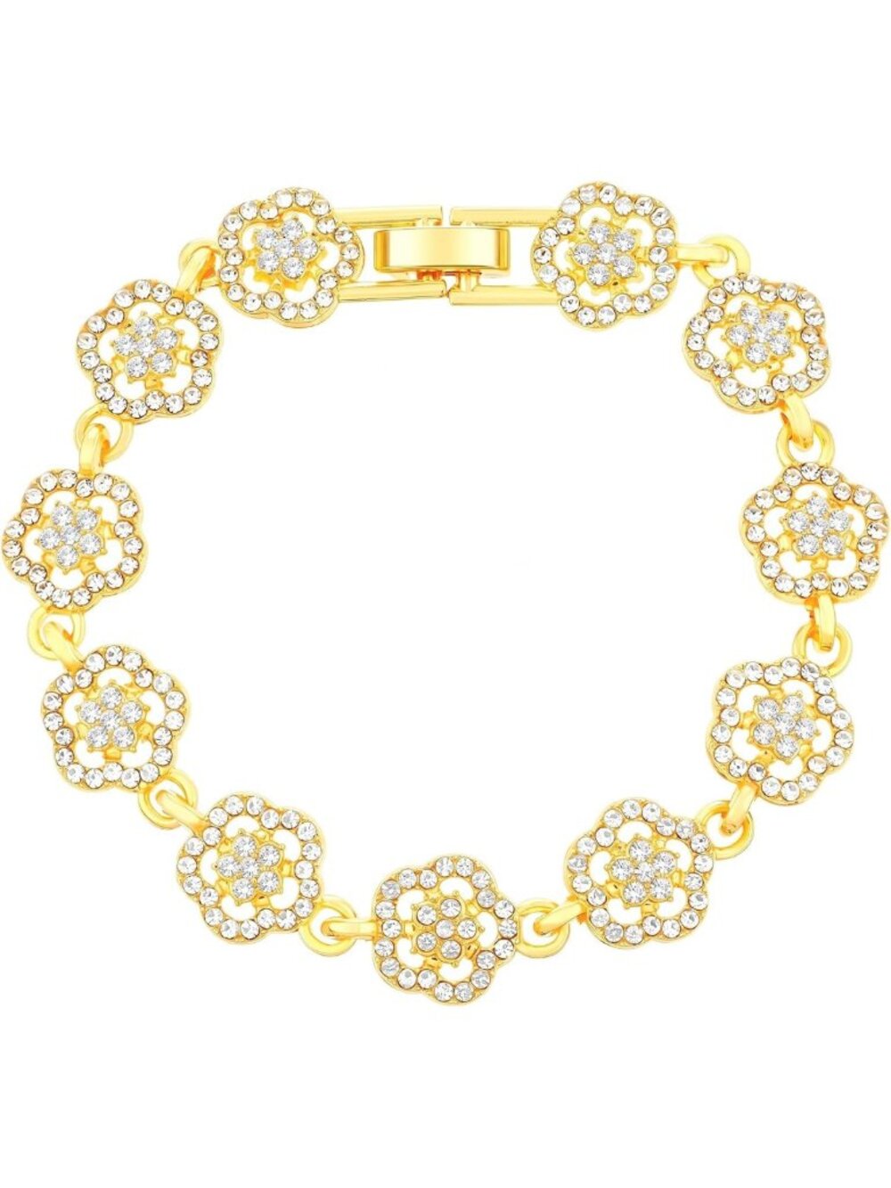 Gold Tone Four Leaf Clover Bracelet - Adjustable Cubic Zirconia Lucky Charm